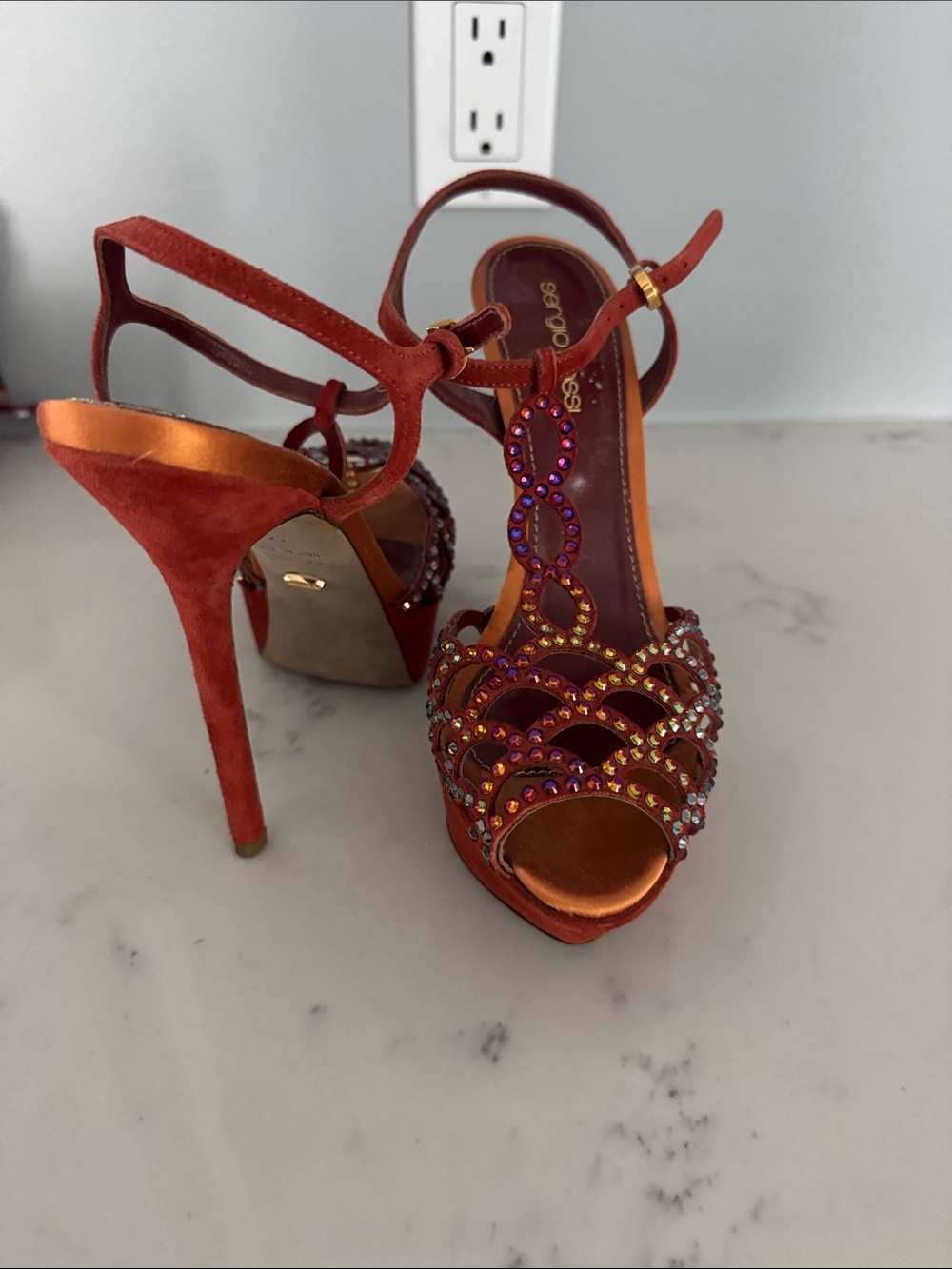 Sergio Rossi Orange suede Crystal Embellished platform Sandals size 6